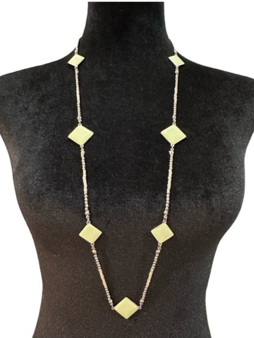 Long Silver Beaded Necklace With Green Diamond-Shaped Accents Lobster Claw